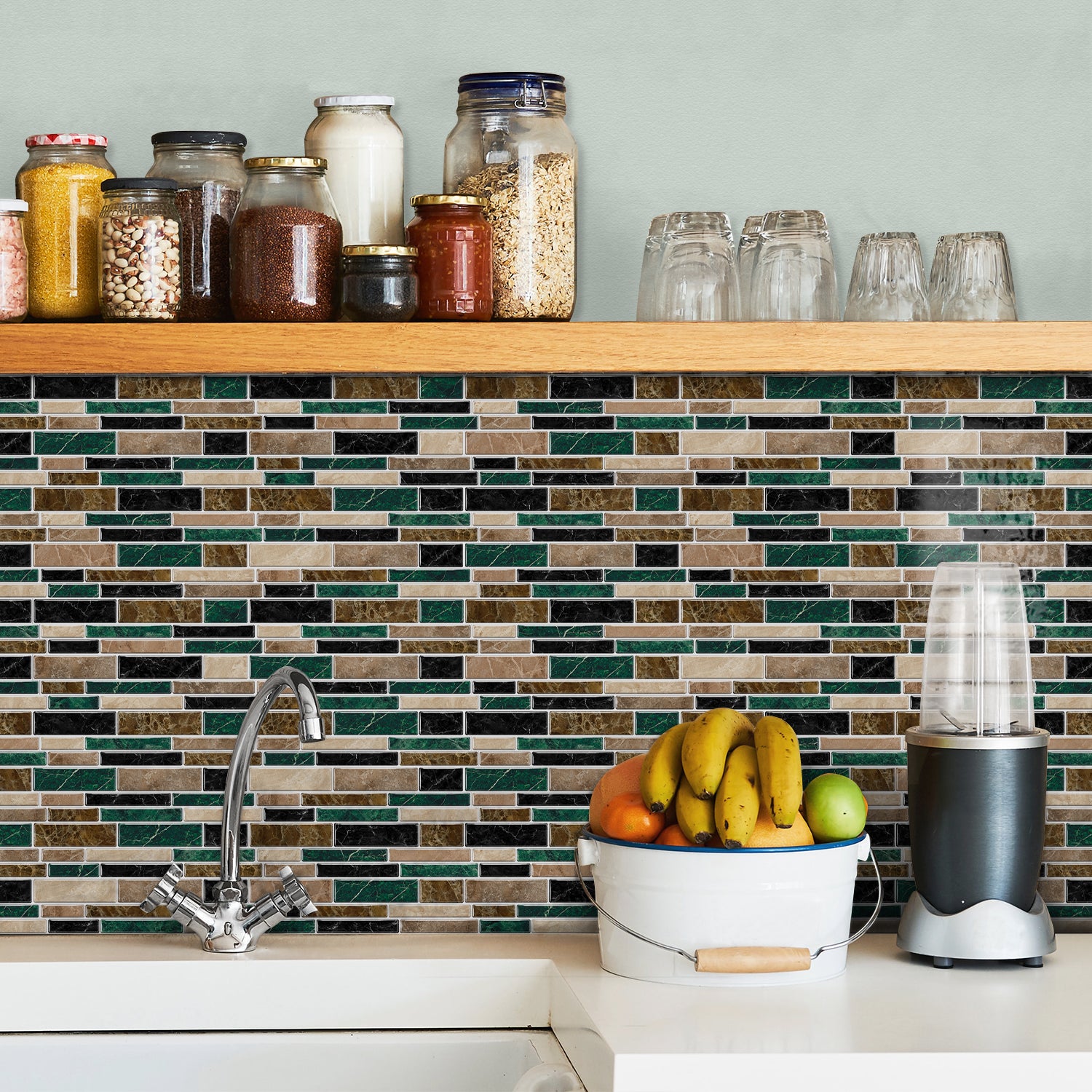 Linear Mosaic Tile Stickers - Brown Green - High Gloss Crystal Film