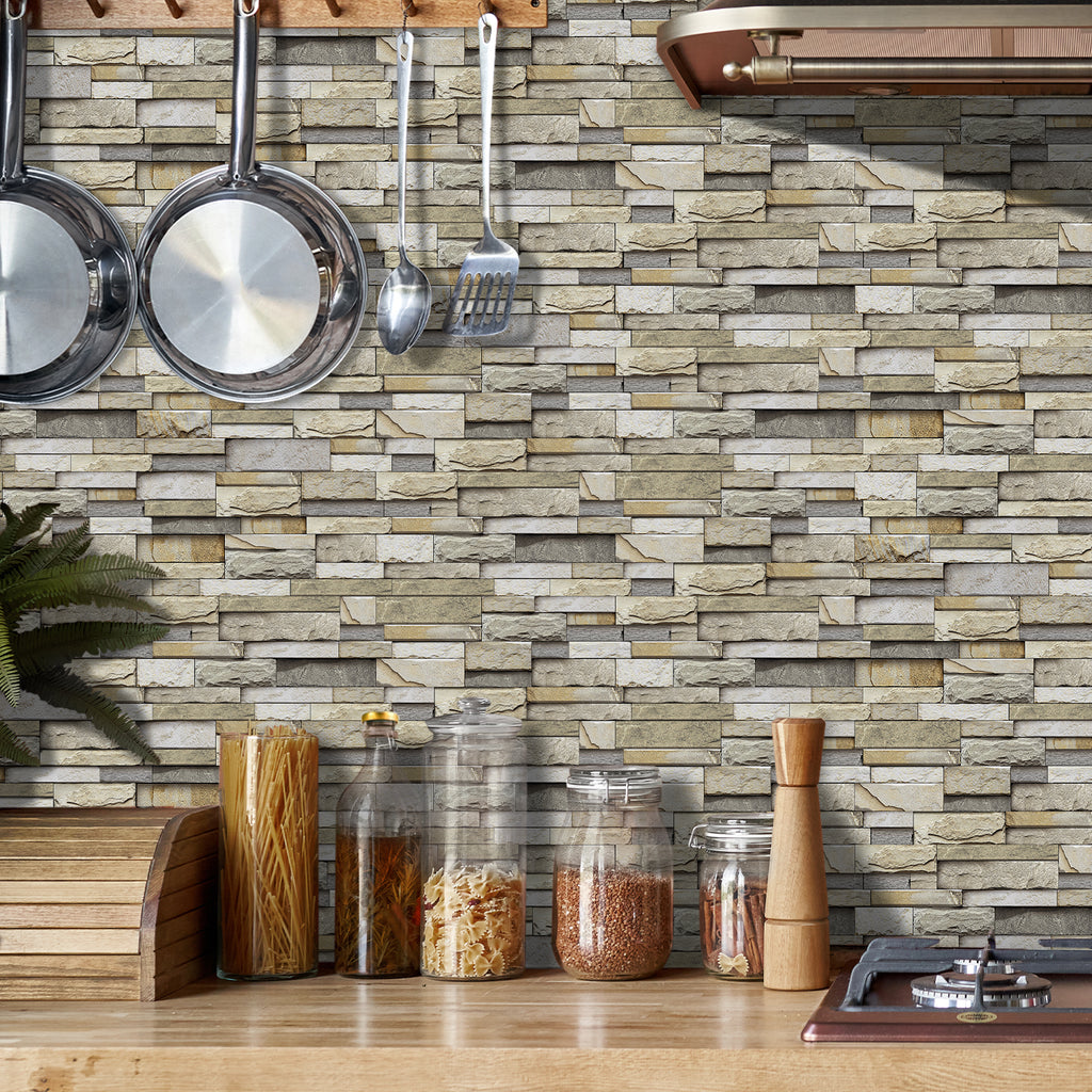 Linear Mosaic Tile Stickers - Beige Brick - High Gloss Crystal Film