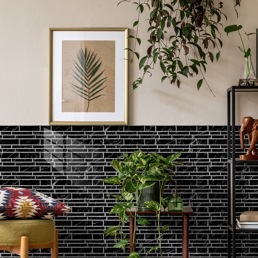Linear Mosaic Tile Stickers - Black marble - High Gloss Crystal Film