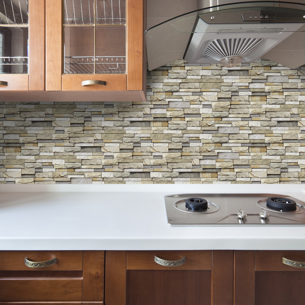 Linear Mosaic Tile Stickers - Beige Brick - High Gloss Crystal Film