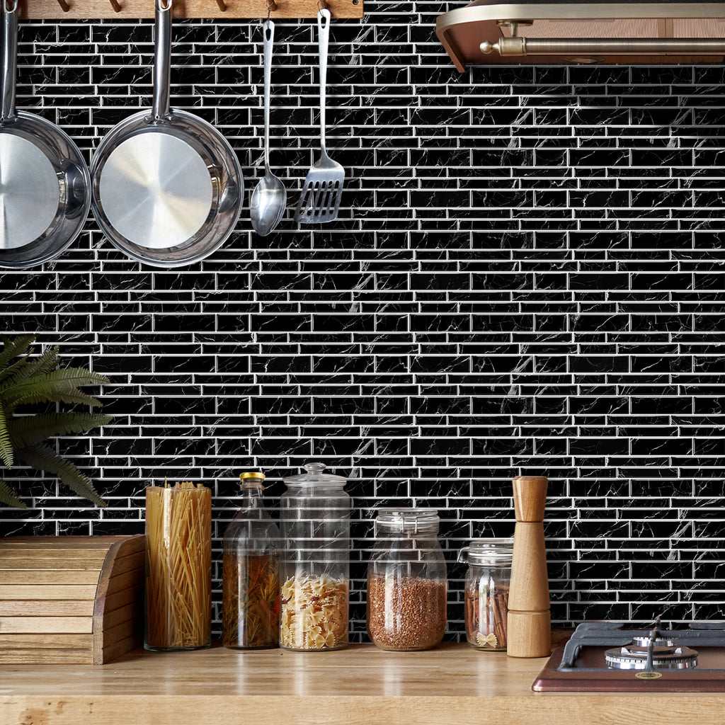 Linear Mosaic Tile Stickers - Black marble - High Gloss Crystal Film