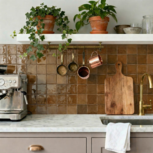 Amber Brown Square Grid Mosaic Tiles - 3D Gel Peel and Stick Splashback