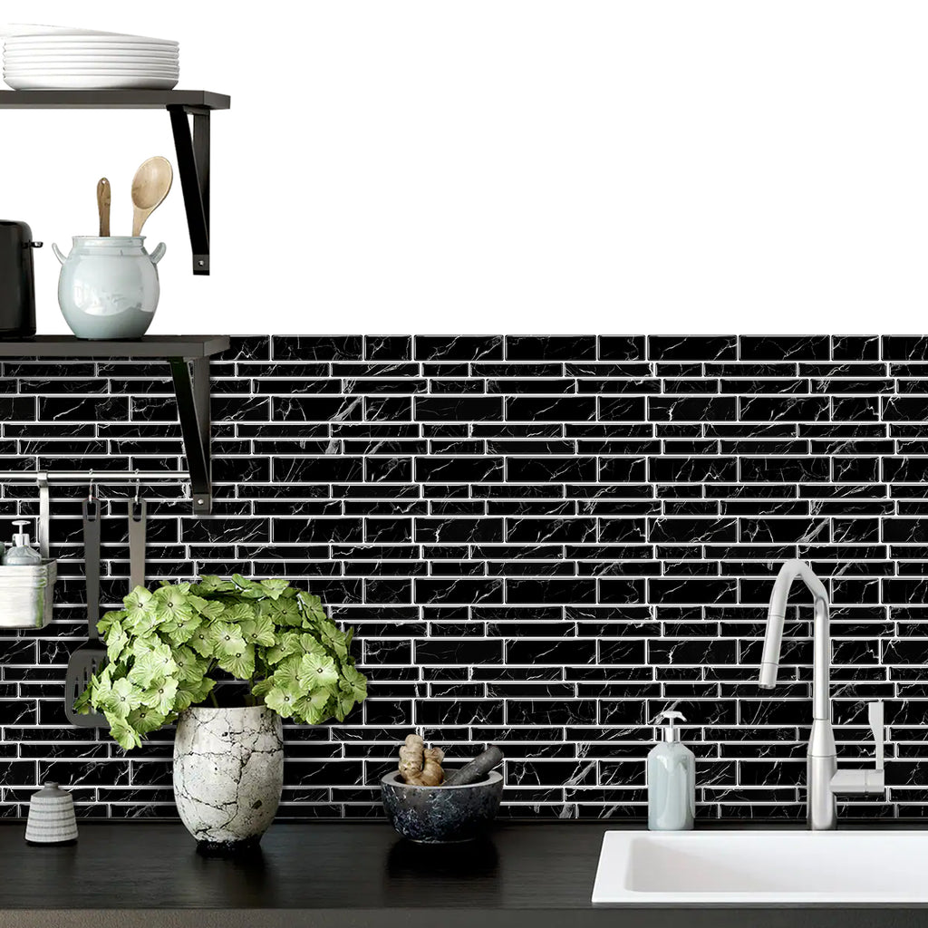 Linear Mosaic Tile Stickers - Black marble - High Gloss Crystal Film