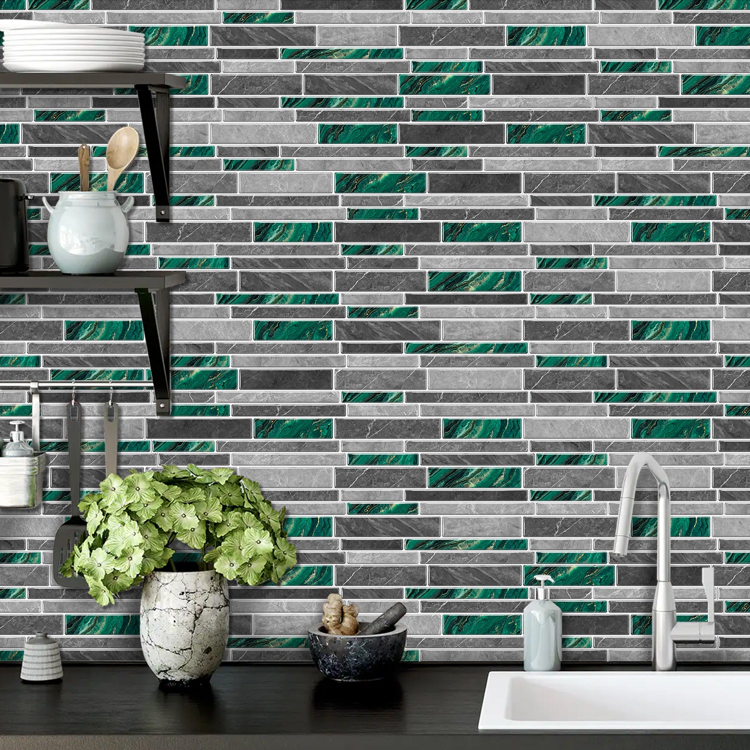 Linear Mosaic Tile Stickers - Green Stone - High Gloss Crystal Film
