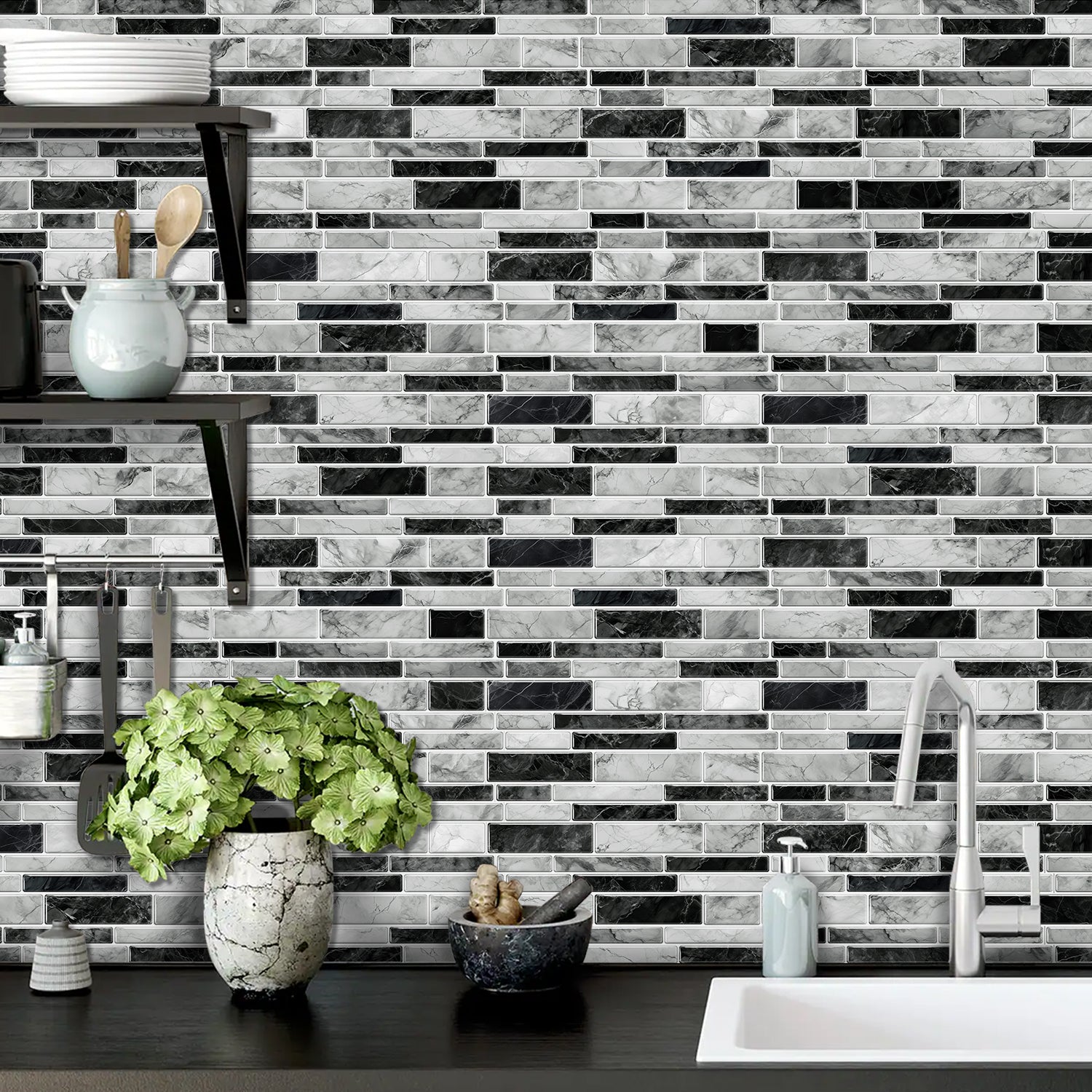Linear Mosaic Tile Stickers - Black & White - High Gloss Crystal Film