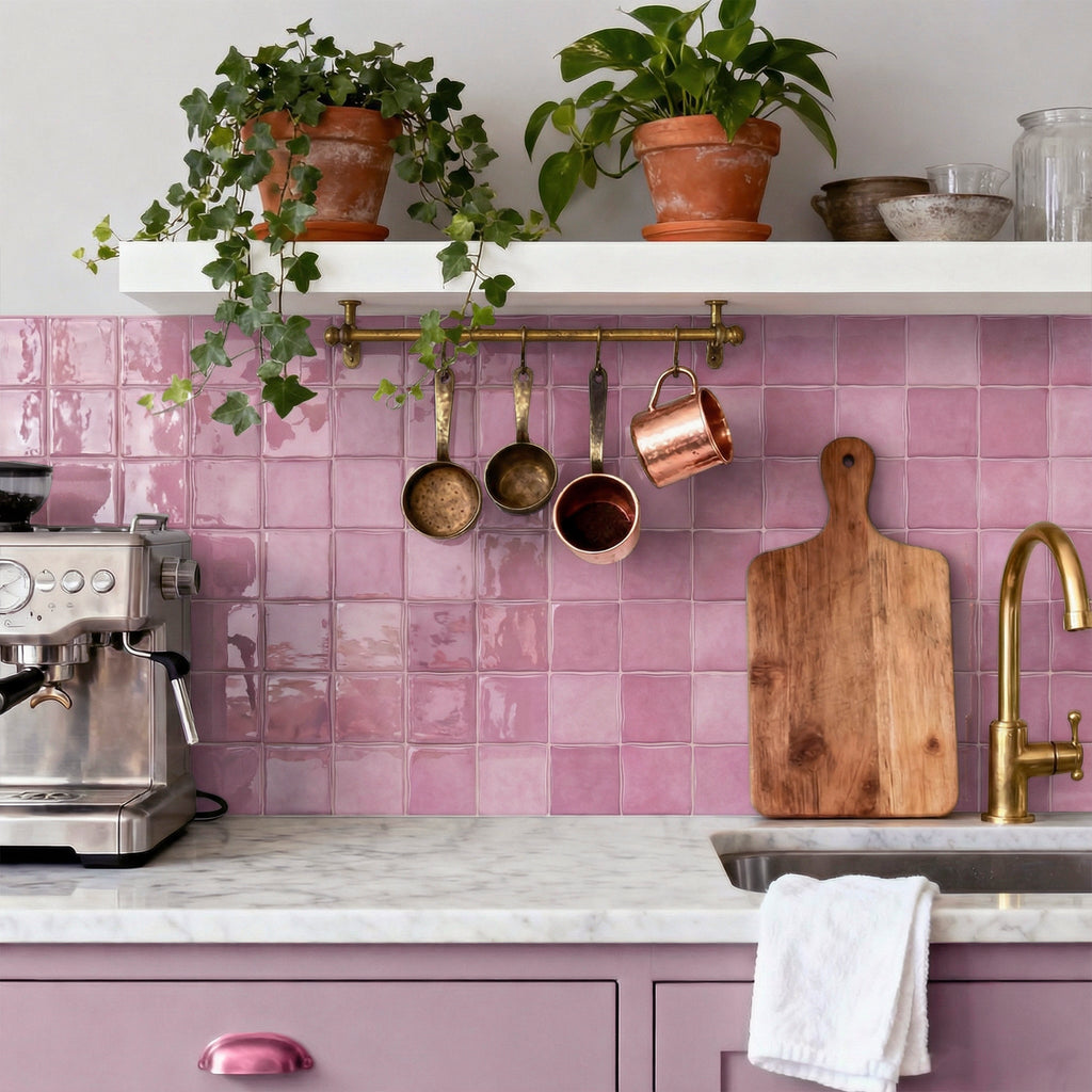 Rose Pink Square Grid Mosaic Tiles - 3D Gel Peel and Stick Splashback
