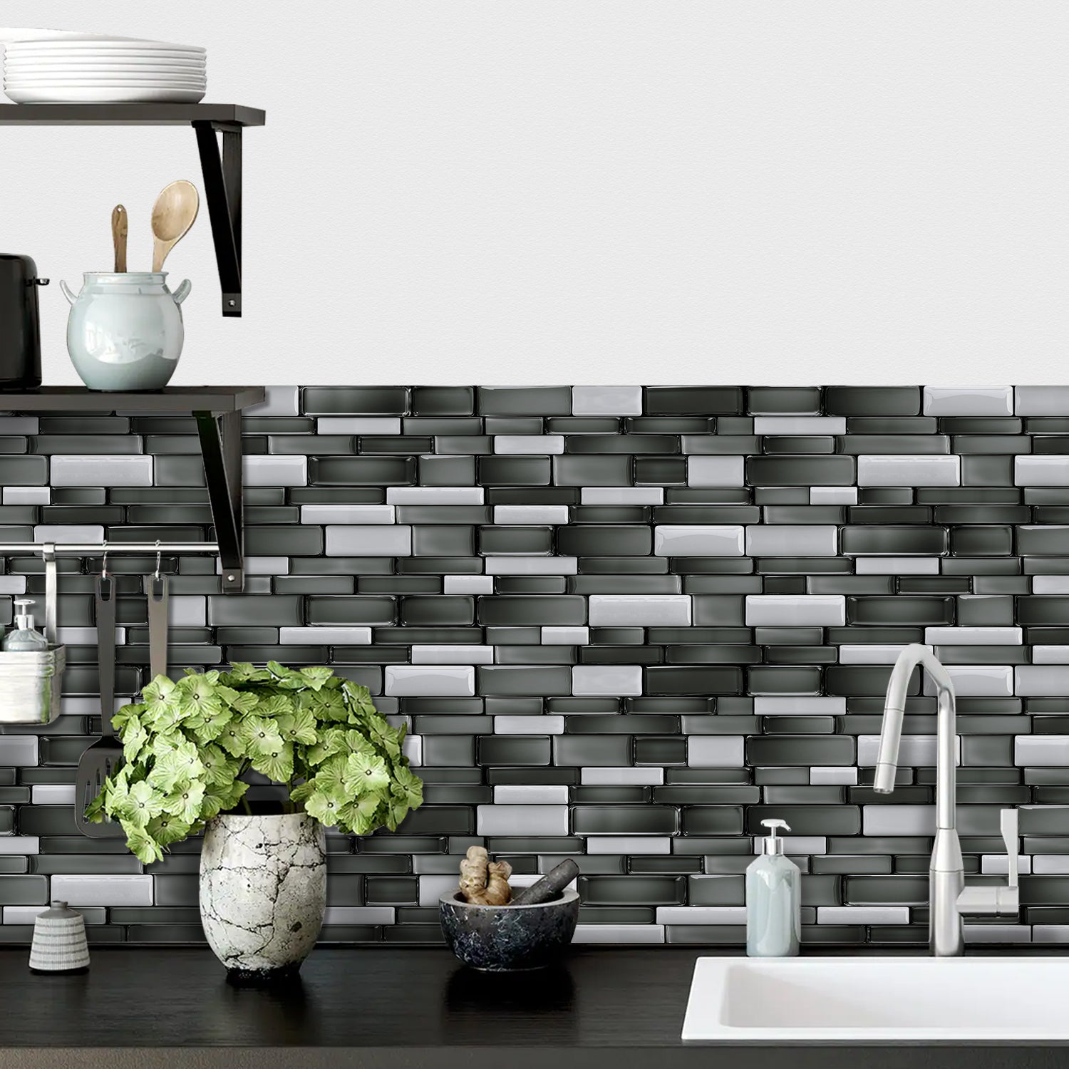 Linear Mosaic Tile Stickers - Black Stone - High Gloss Crystal Film