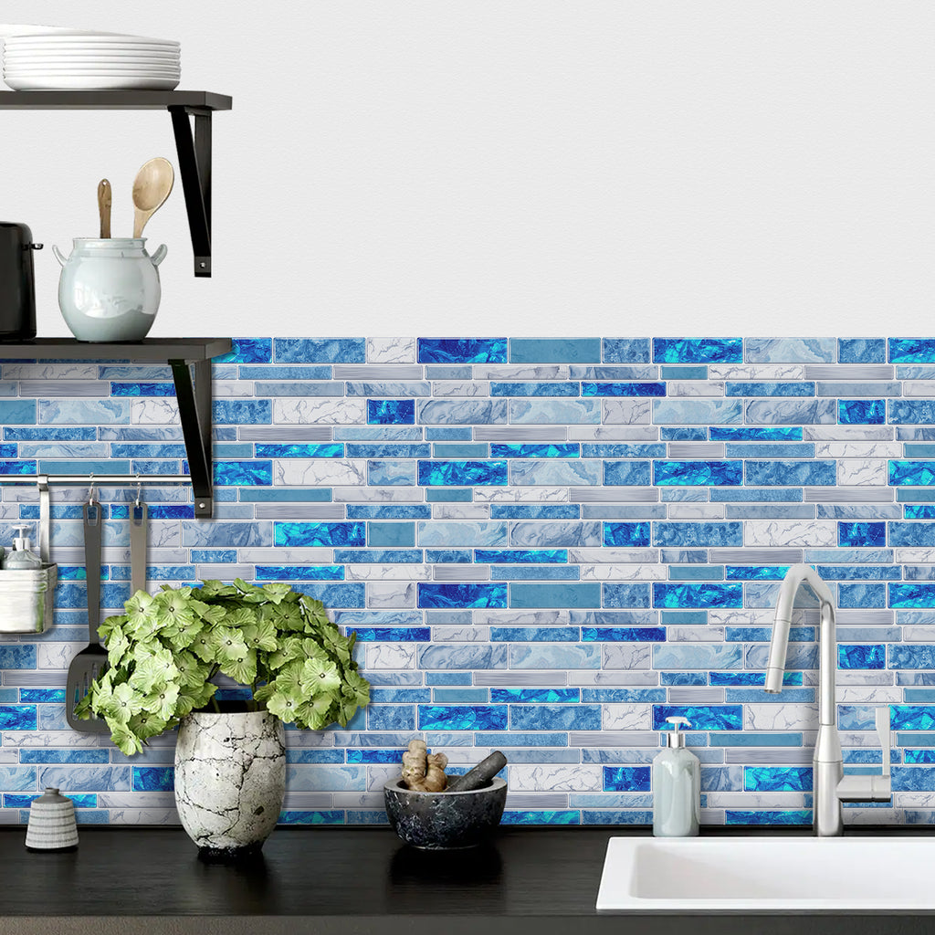 Linear Mosaic Tile Stickers - Blue & White - High Gloss Crystal Film