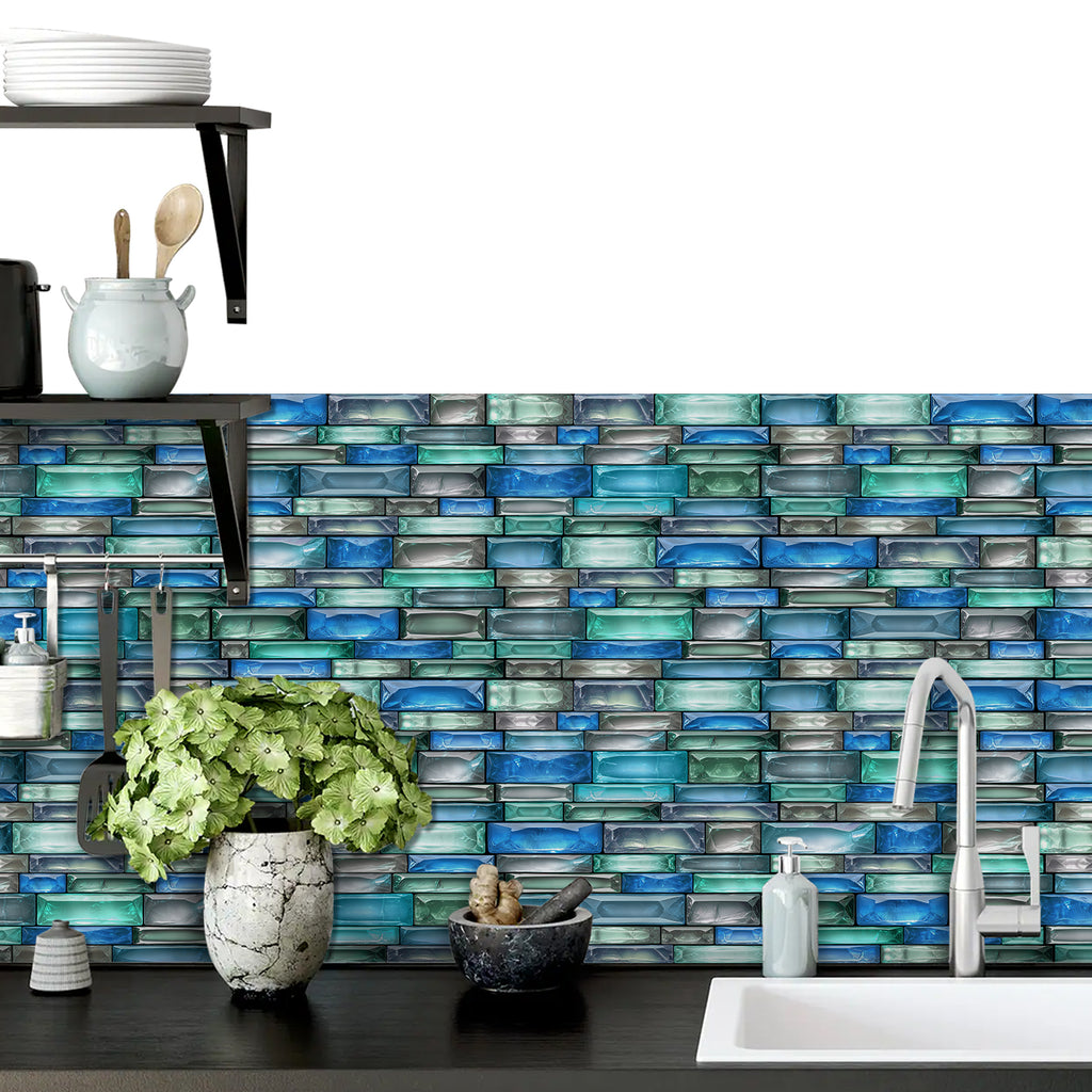 Linear Mosaic Tile Stickers - Bule Green - High Gloss Crystal Film
