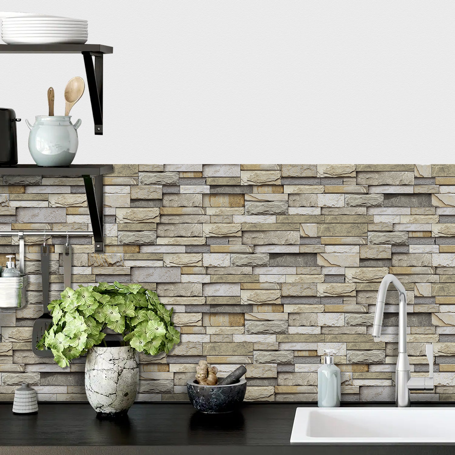 Linear Mosaic Tile Stickers - Beige Brick - High Gloss Crystal Film