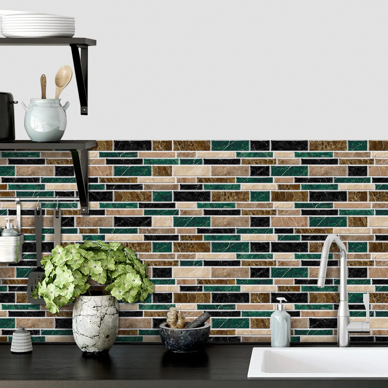 Linear Mosaic Tile Stickers - Brown Green - High Gloss Crystal Film