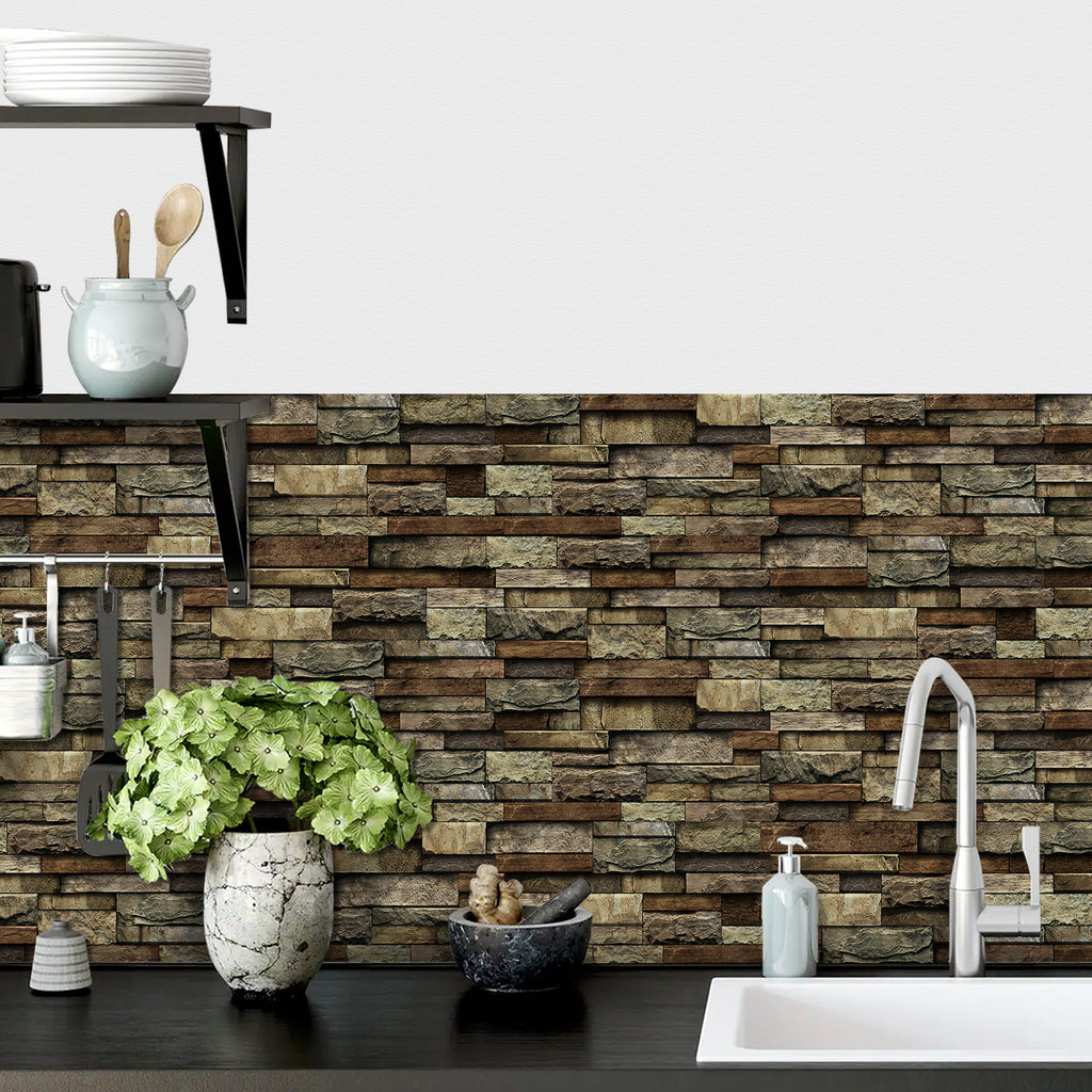 Linear Mosaic Tile Stickers - Brown Brick - High Gloss Crystal Film