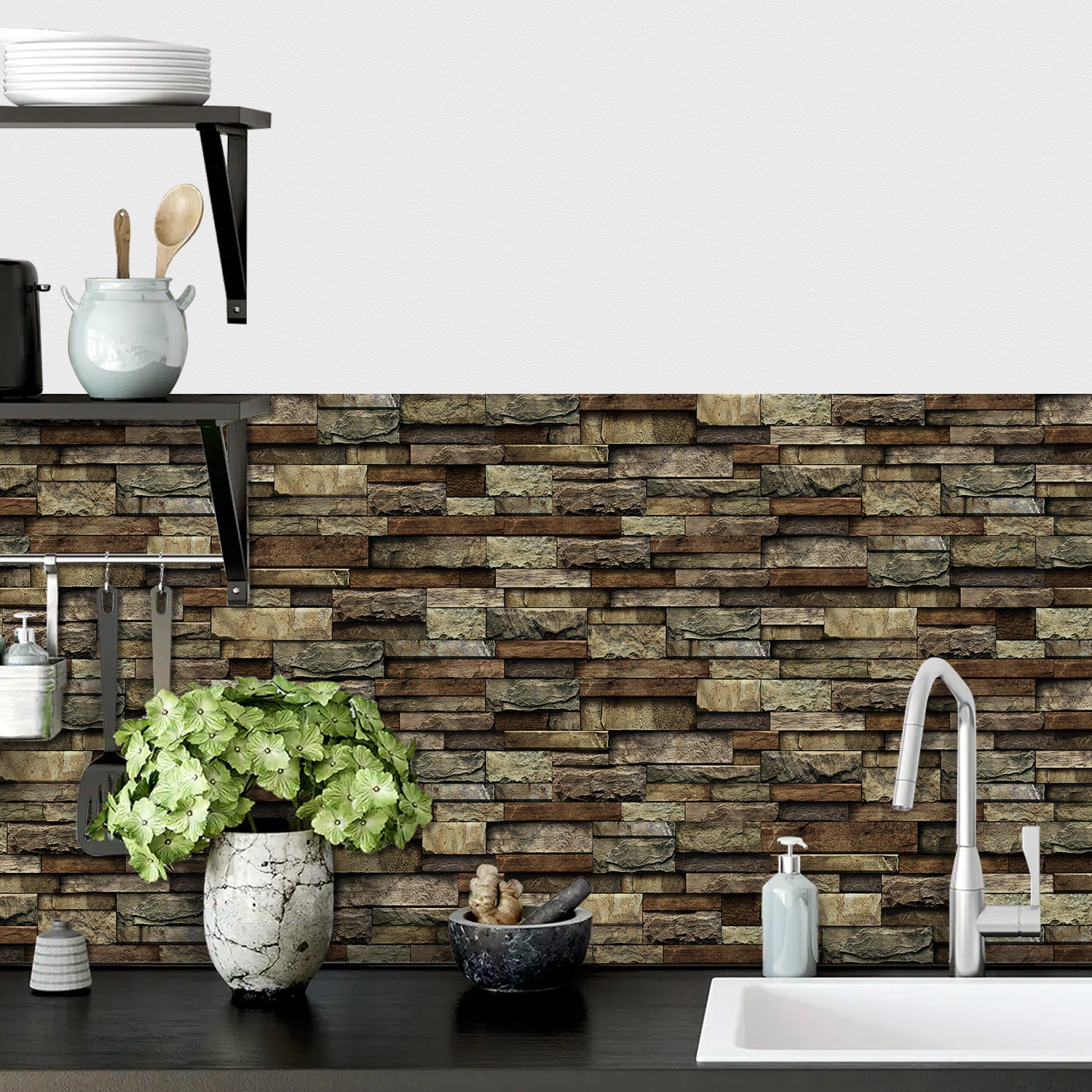 Linear Mosaic Tile Stickers - Brown Brick - High Gloss Crystal Film