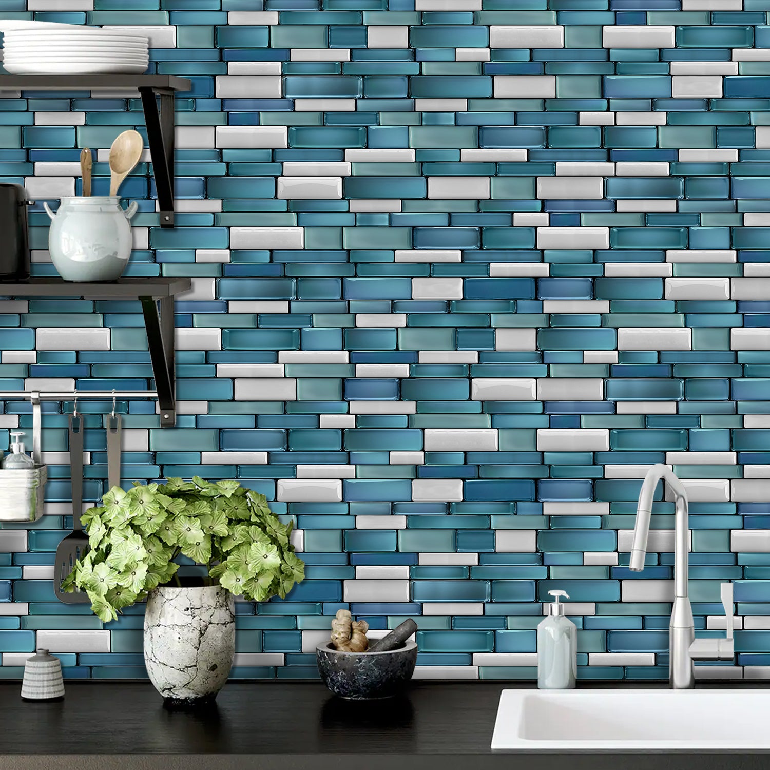Linear Mosaic Tile Stickers - Lake Blue - High Gloss Crystal Film