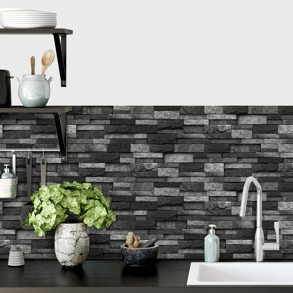 Linear Mosaic Tile Stickers - Charcoal Black - High Gloss Crystal Film
