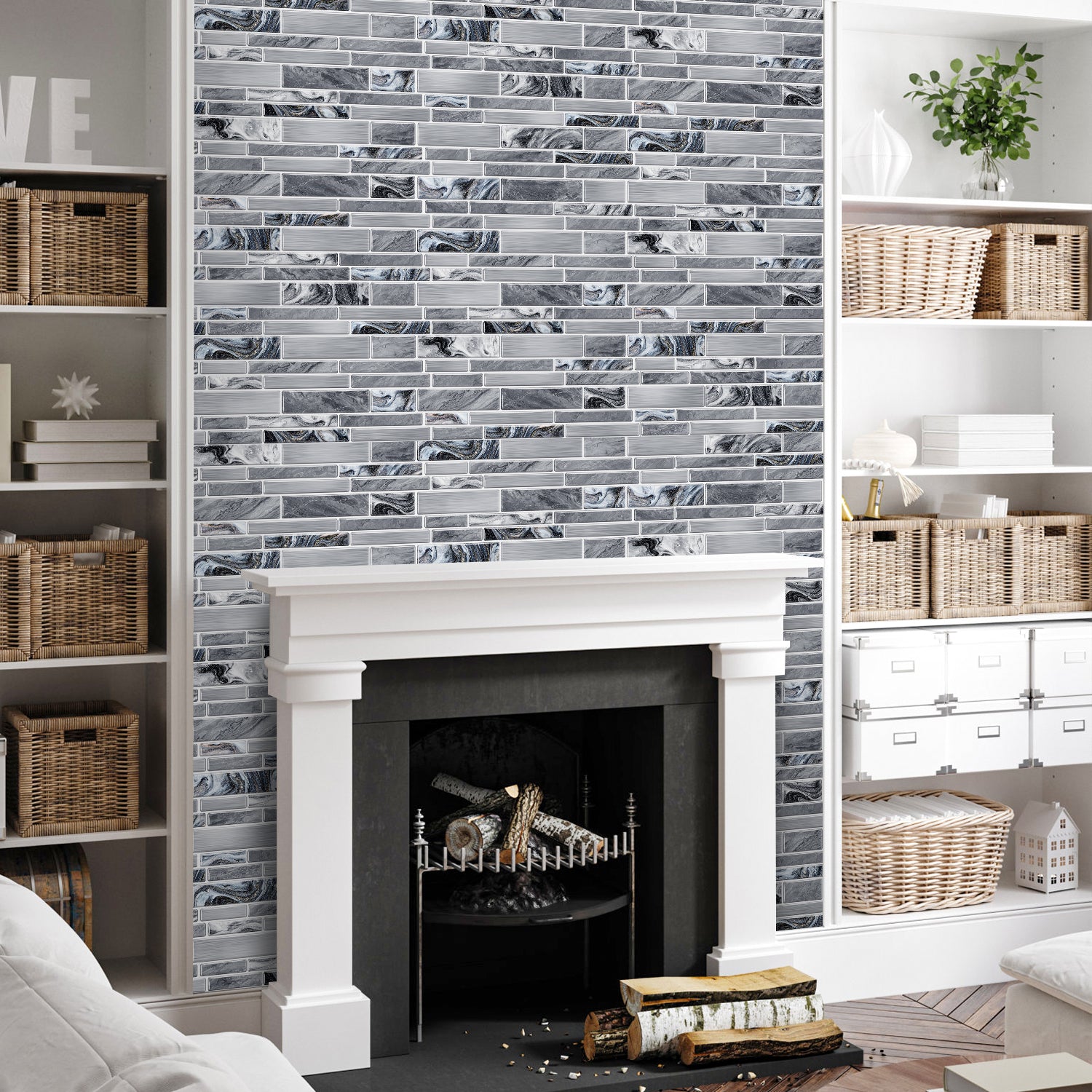 Linear Mosaic Tile Stickers - Silver Gray - High Gloss Crystal Film