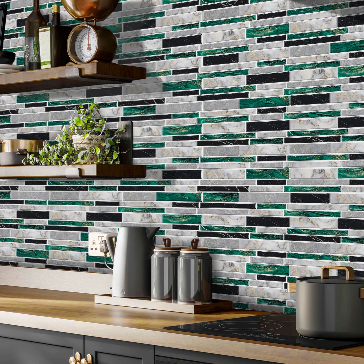 Linear Mosaic Tile Stickers - Gray Green - High Gloss Crystal Film