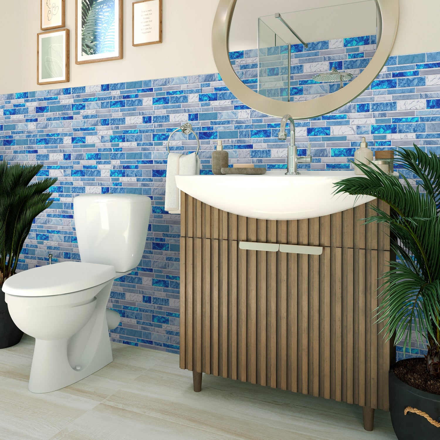 Linear Mosaic Tile Stickers - Blue & White - High Gloss Crystal Film