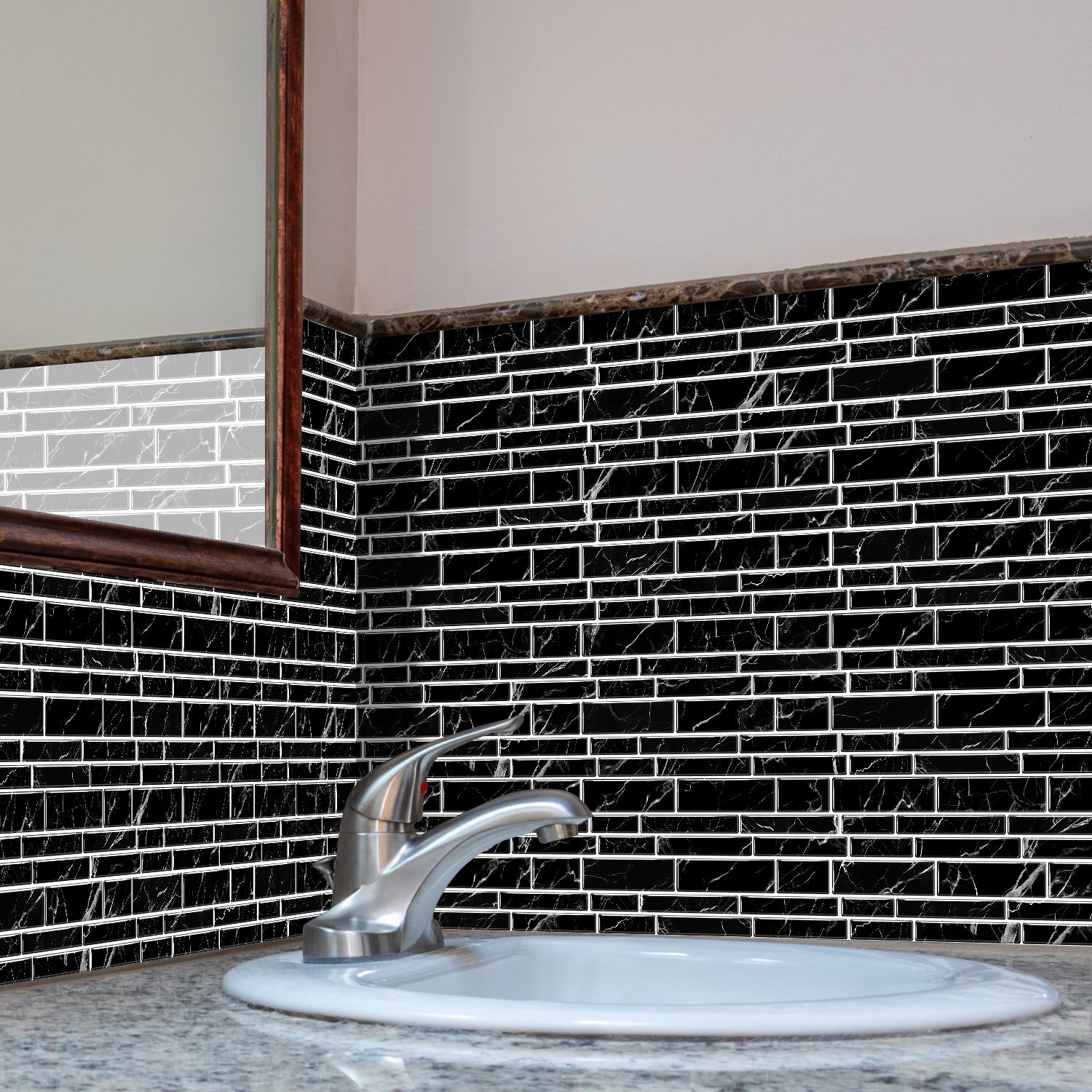 Linear Mosaic Tile Stickers - Black marble - High Gloss Crystal Film