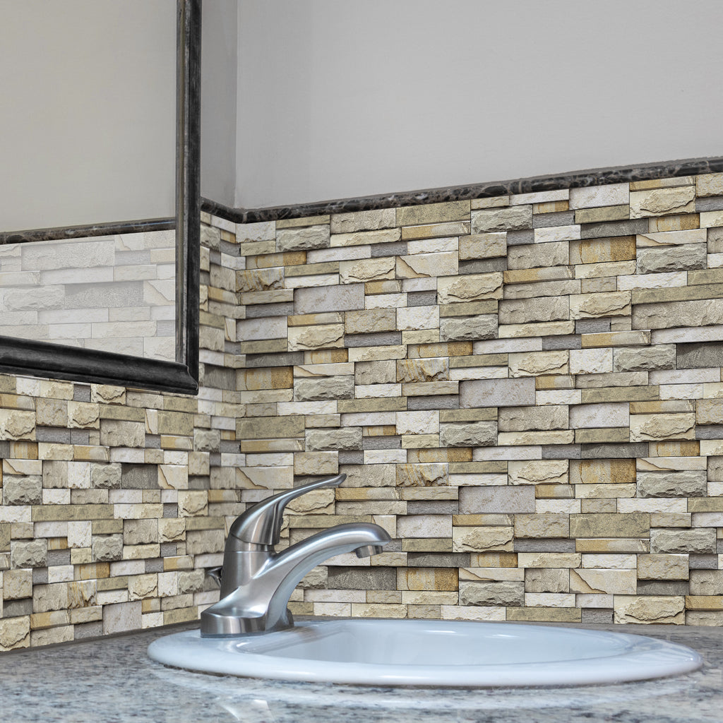 Linear Mosaic Tile Stickers - Beige Brick - High Gloss Crystal Film