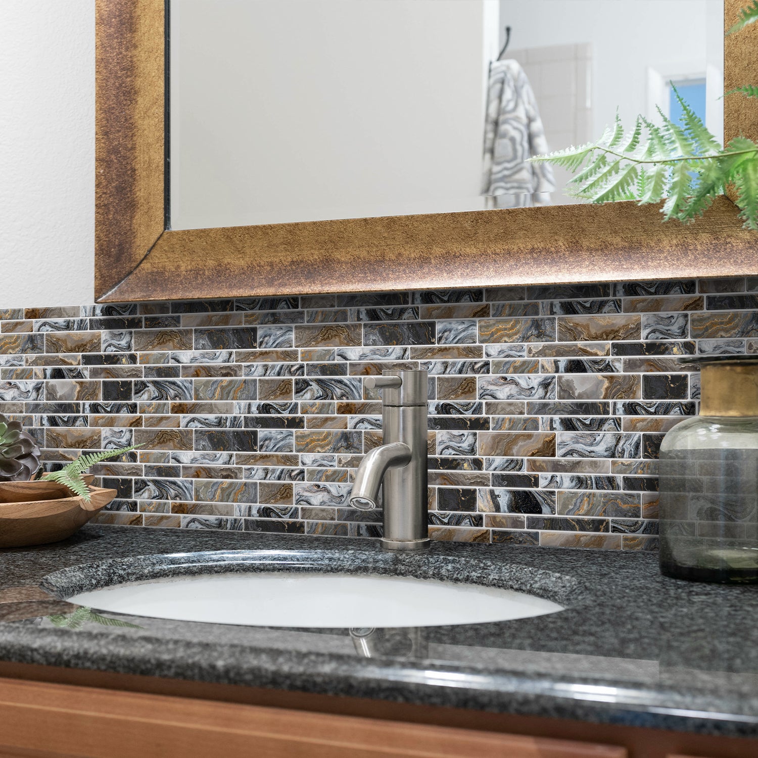 Linear Mosaic Tile Stickers - Grey Brown - High Gloss Crystal Film