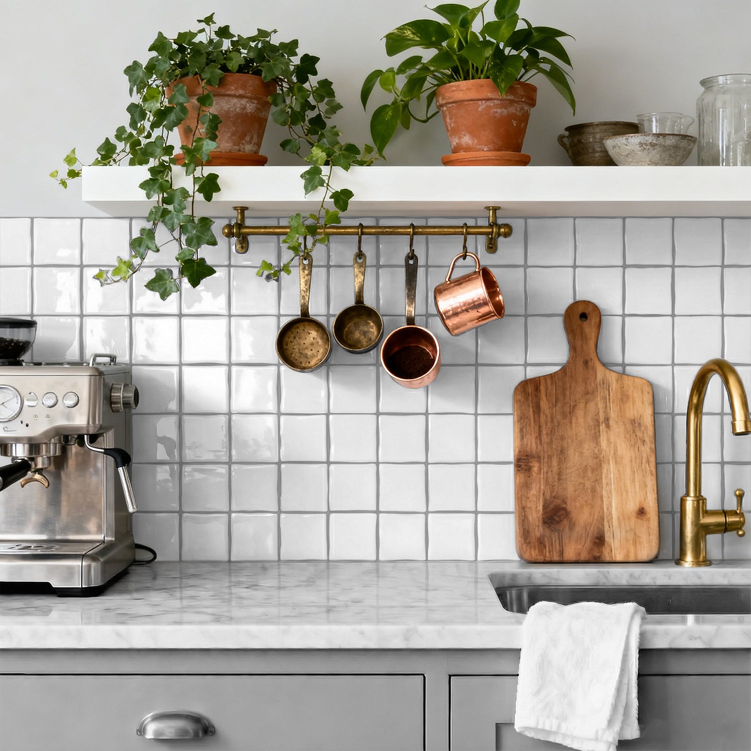 Classic White Square Grid Mosaic Tiles - 3D Gel Peel and Stick Splashback