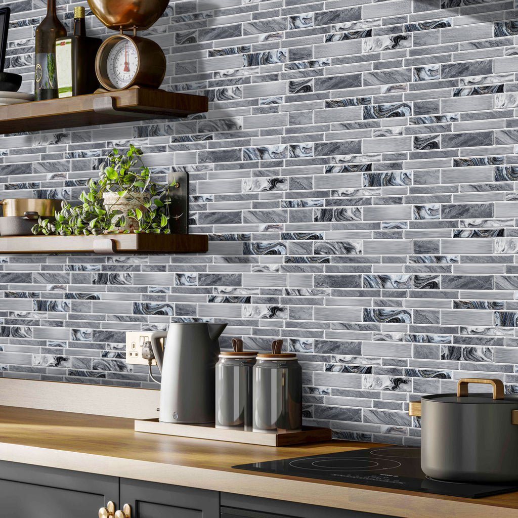 Linear Mosaic Tile Stickers - Silver Gray - High Gloss Crystal Film