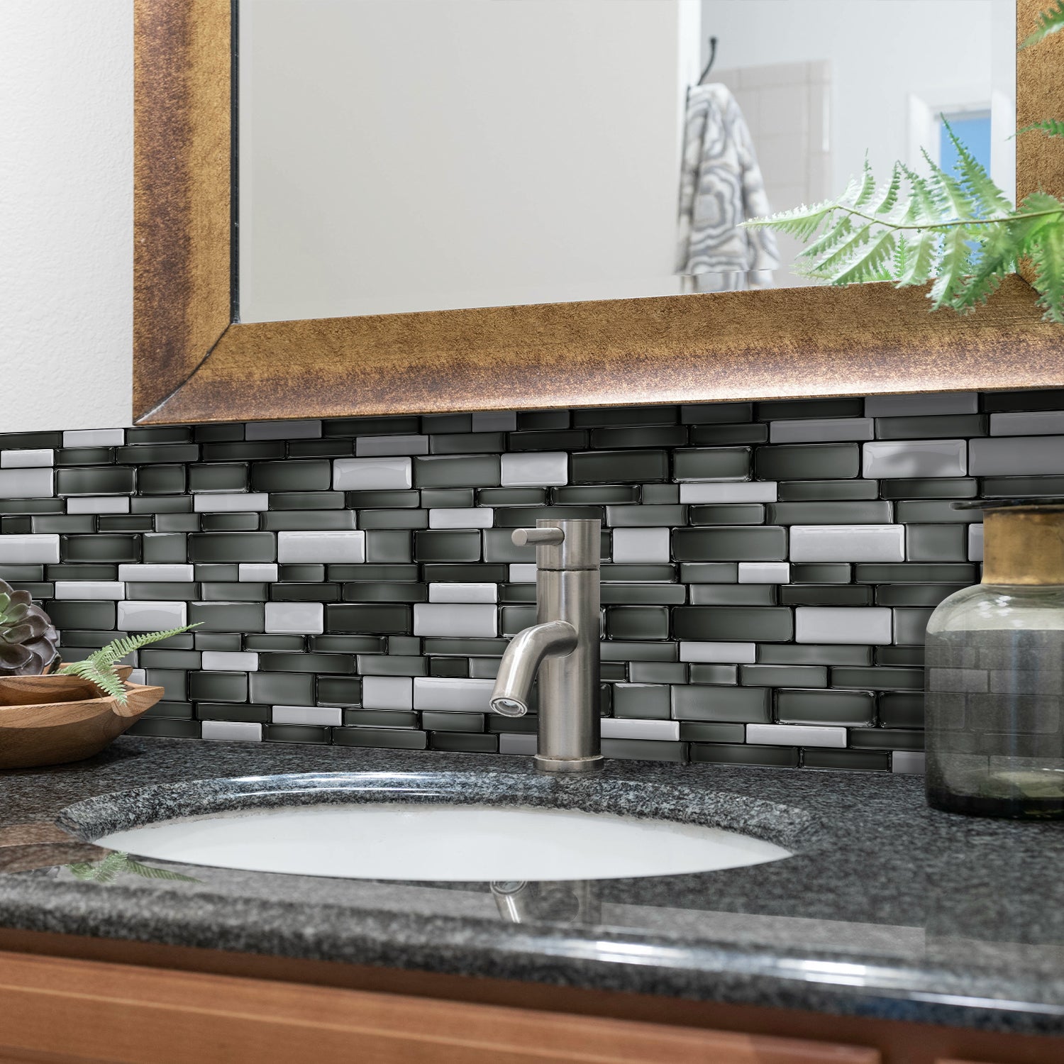 Linear Mosaic Tile Stickers - Black Stone - High Gloss Crystal Film