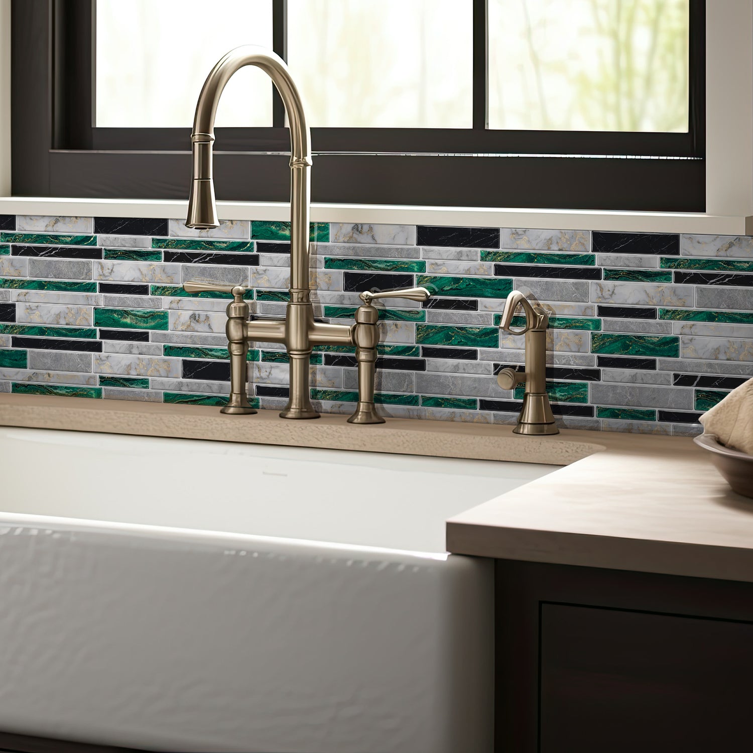 Linear Mosaic Tile Stickers - Gray Green - High Gloss Crystal Film