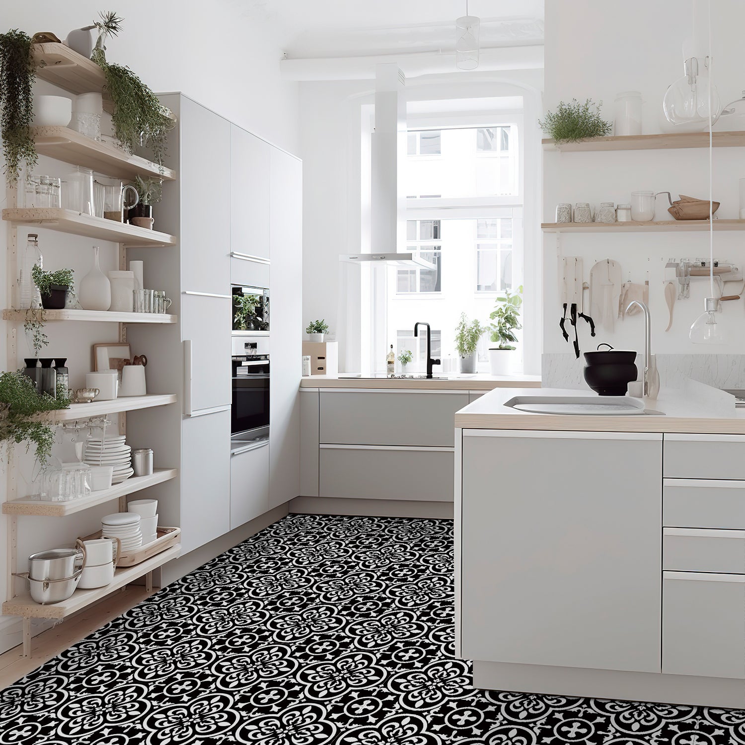 Vinyl Floor Tiles - Noir Blossom - Non-Slip Peel and Stick Flooring