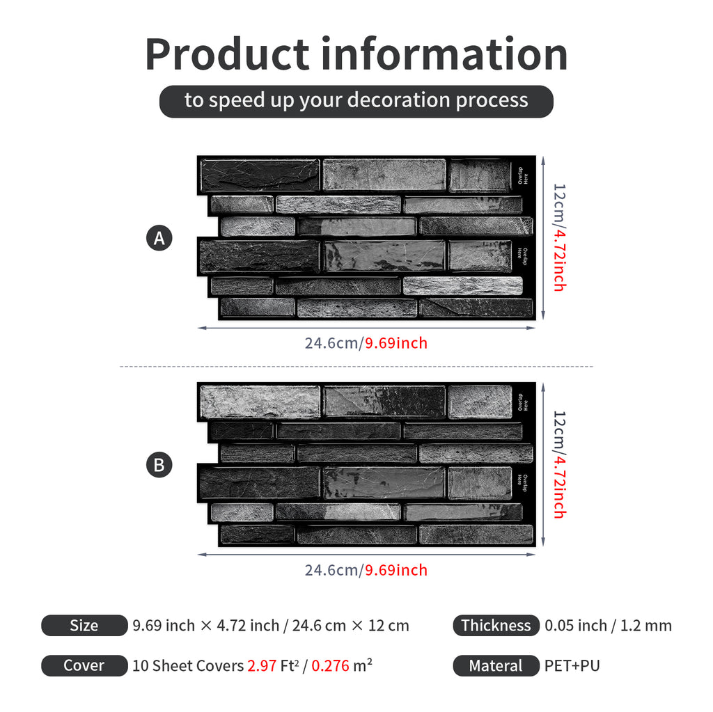 Volcanic Black Faux Stone Gel Tiles - 3D Peel and Stick Splashback