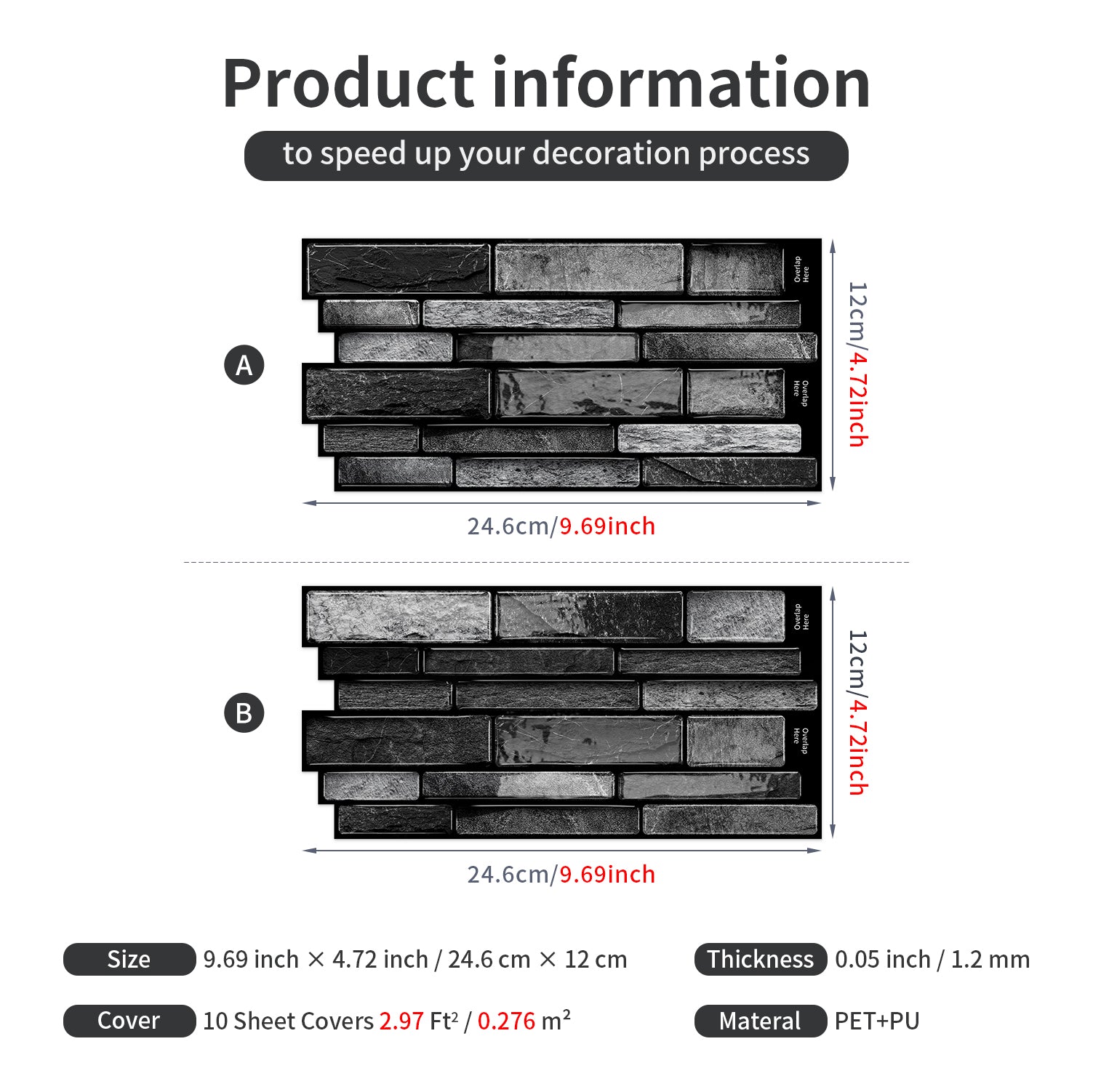 Volcanic Black Faux Stone Gel Tiles - 3D Peel and Stick Splashback
