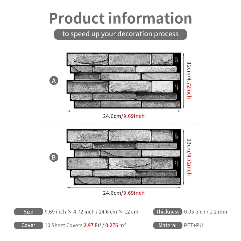 Ash Grey Slate Faux Stone Gel Tiles - 3D Peel and Stick Splashback