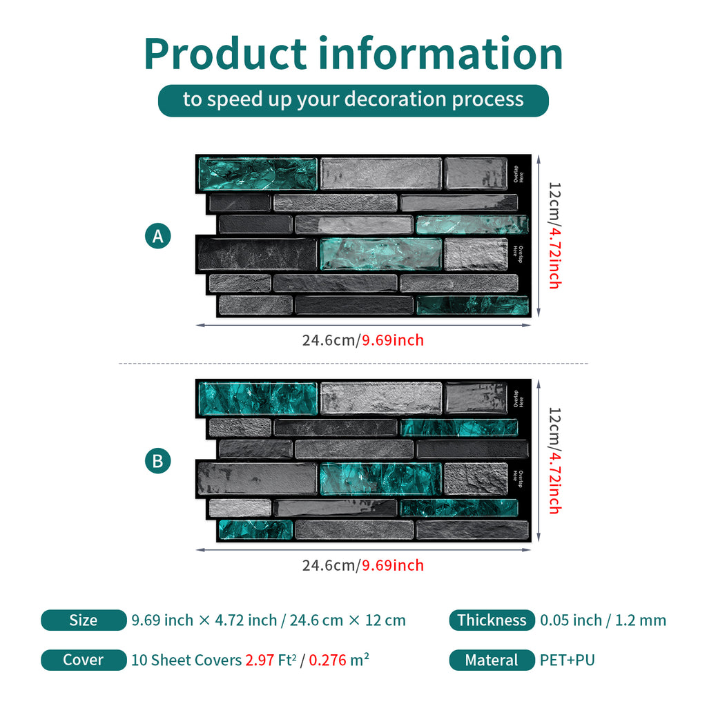 Emerald Green Slate Faux Stone Gel Tiles - 3D Peel and Stick Splashback