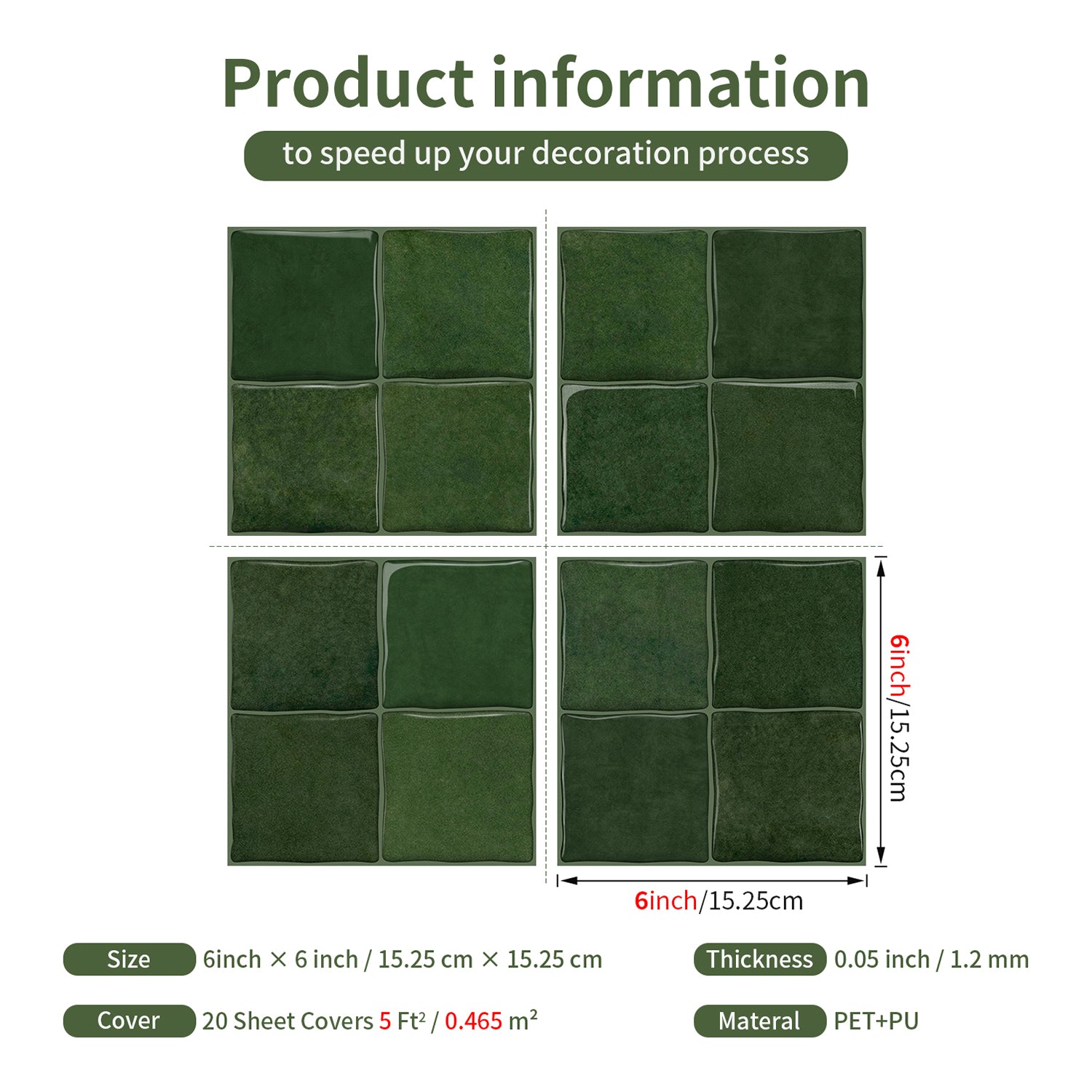 Vintage Green Square Grid Mosaic Tiles - 3D Gel Peel and Stick Splashback