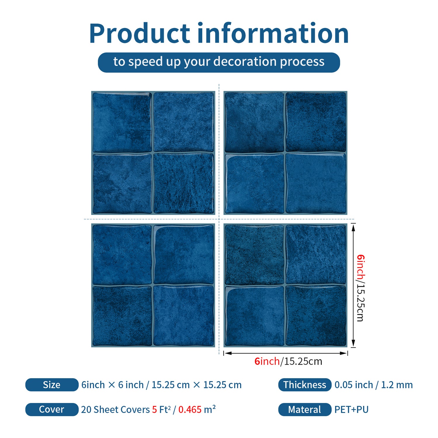 Cobalt Blue Square Grid Mosaic Tiles - 3D Gel Peel and Stick Splashback