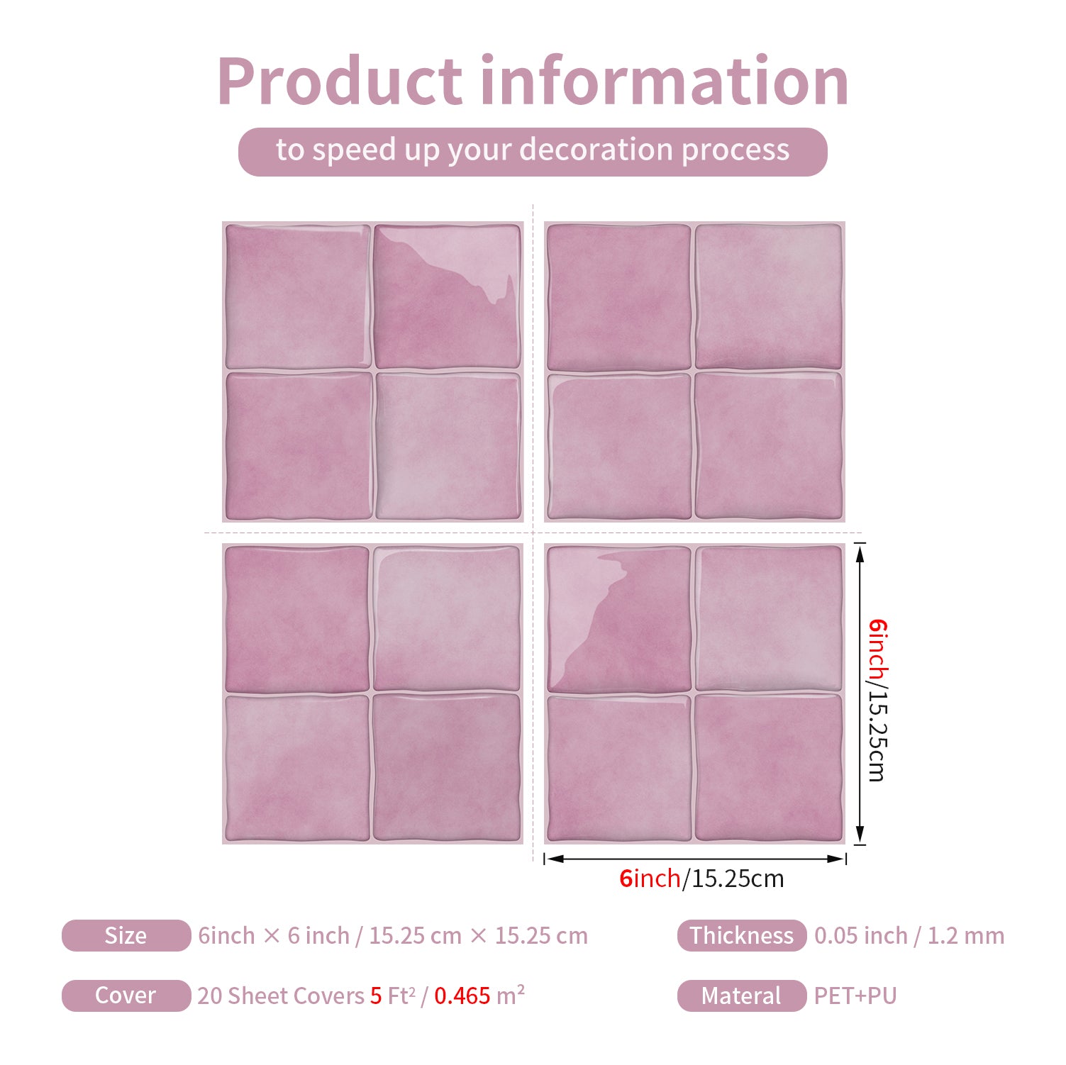 Rose Pink Square Grid Mosaic Tiles - 3D Gel Peel and Stick Splashback