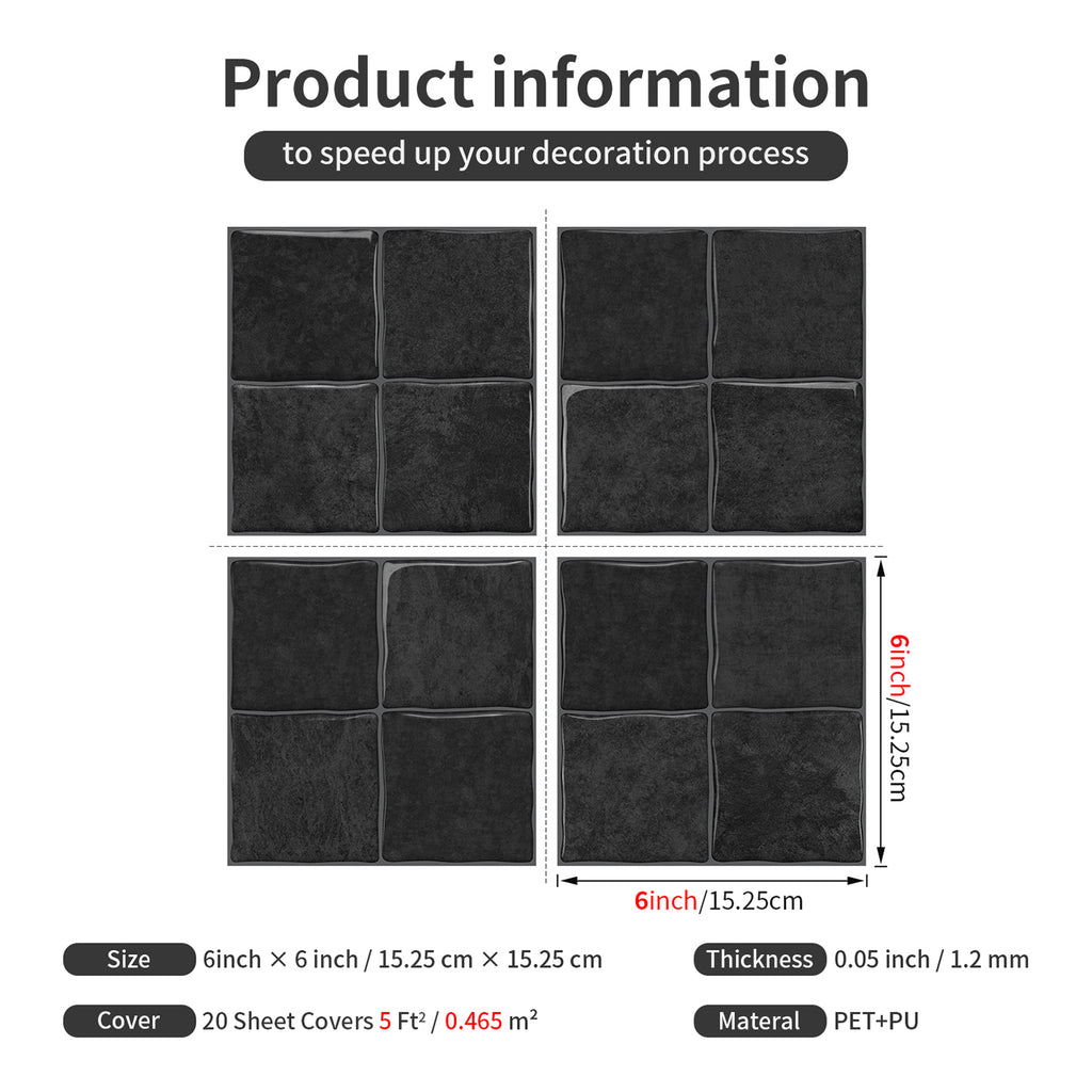 Midnight Black Square Grid Mosaic Tiles - 3D Gel Peel and Stick Splashback