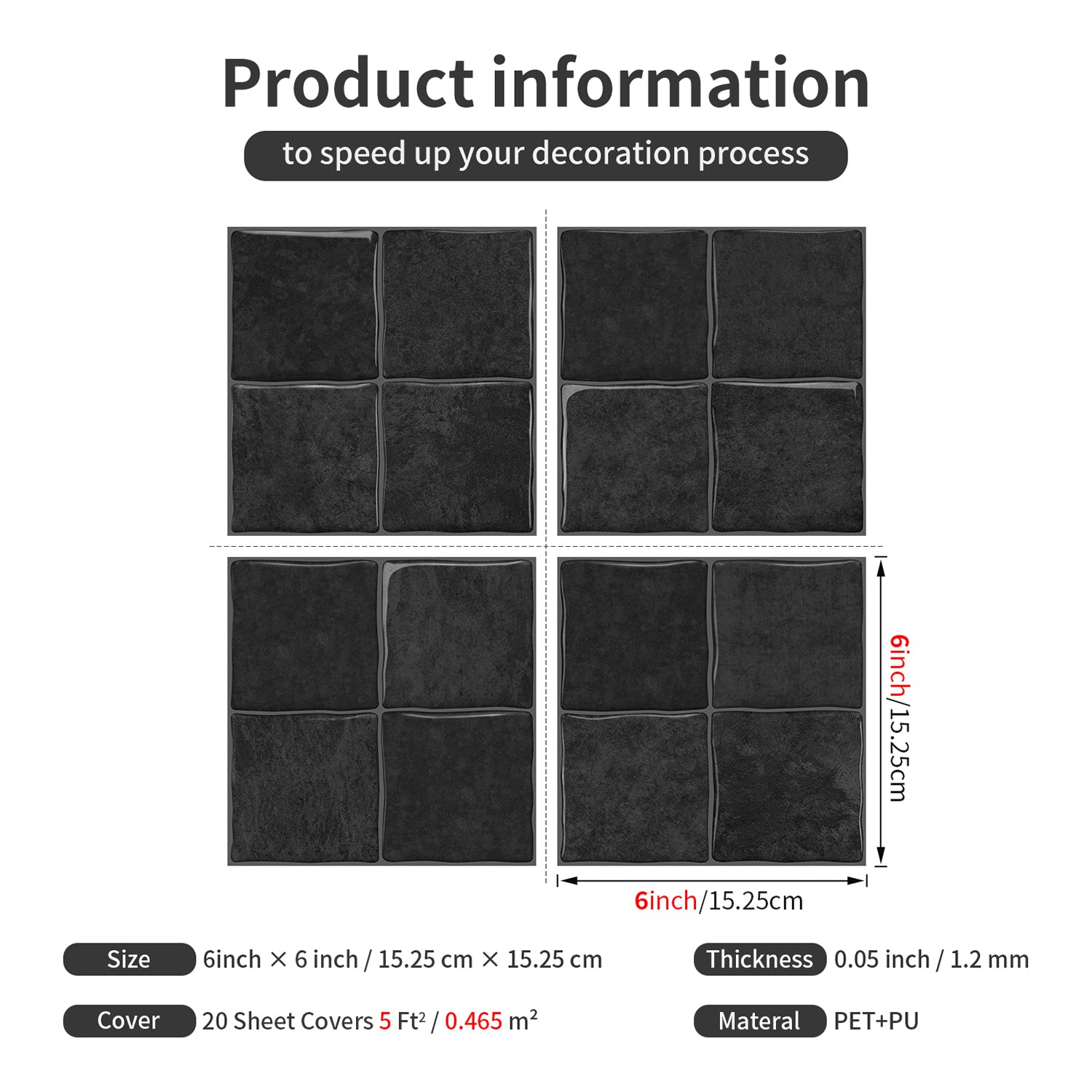 Midnight Black Square Grid Mosaic Tiles - 3D Gel Peel and Stick Splashback