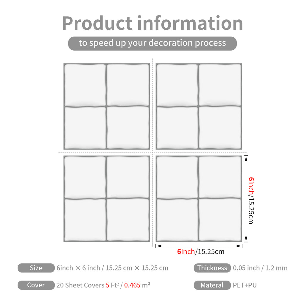 Classic White Square Grid Mosaic Tiles - 3D Gel Peel and Stick Splashback