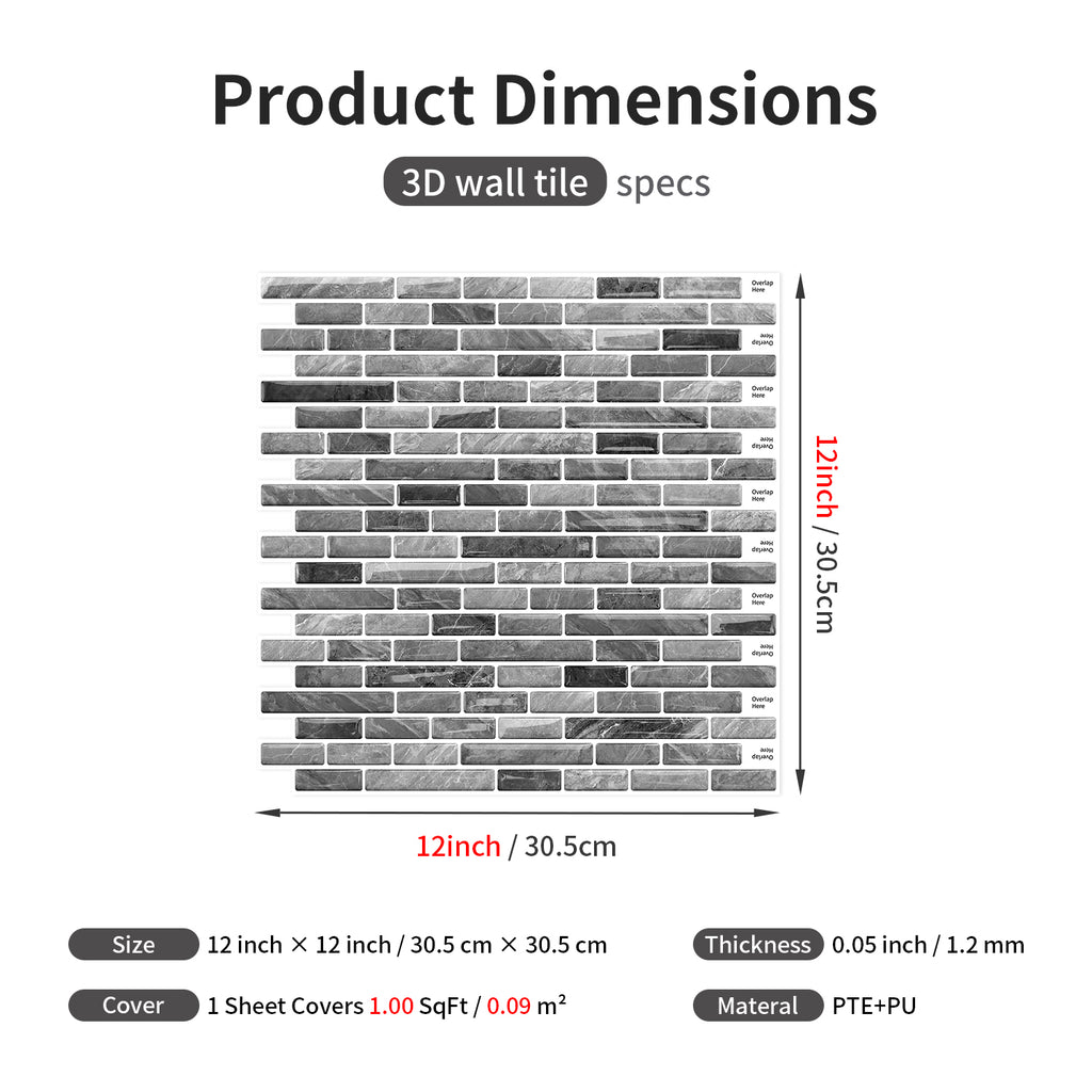 Linear Strip Mosaic Tiles - Gray & Black Mix - 3D Textured Gel Stickers for Bathroom