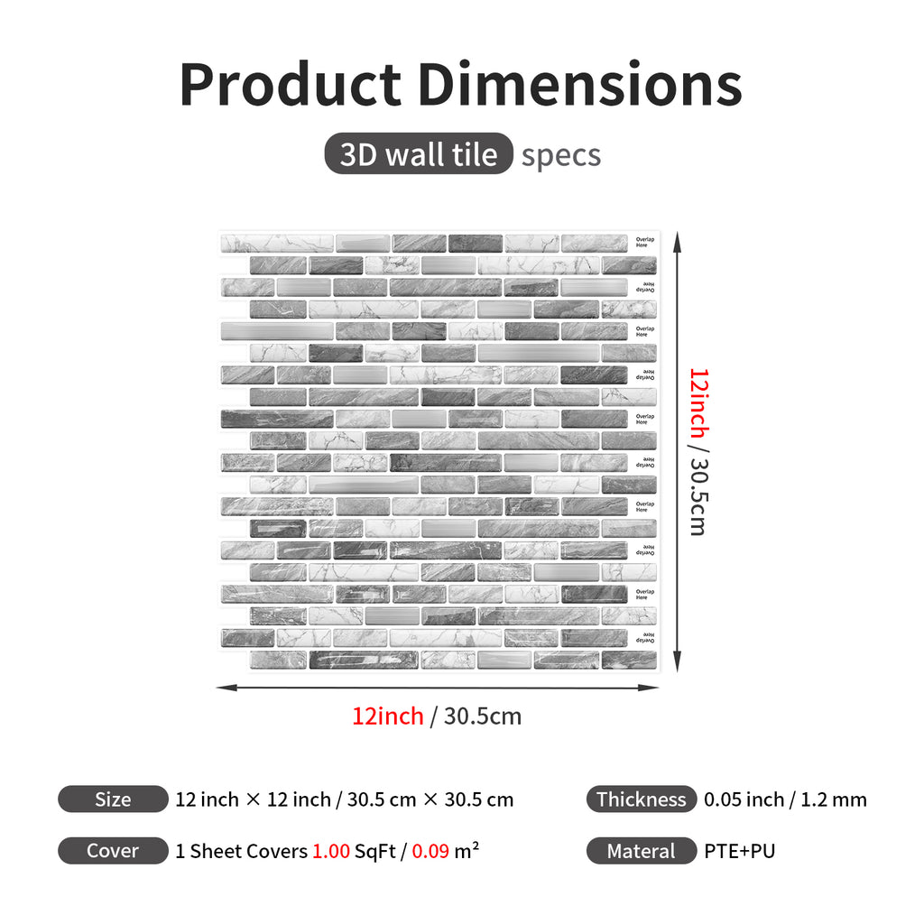Linear Strip Mosaic Tiles - Gray & White Mix - 3D Textured Gel Stickers for Bathroom