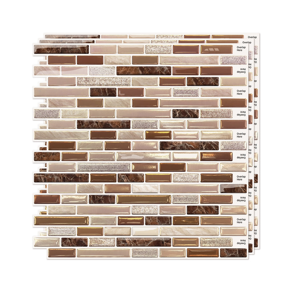 Linear Strip Mosaic Tiles - Brown Mix - 3D Textured Gel Stickers for Bathroom