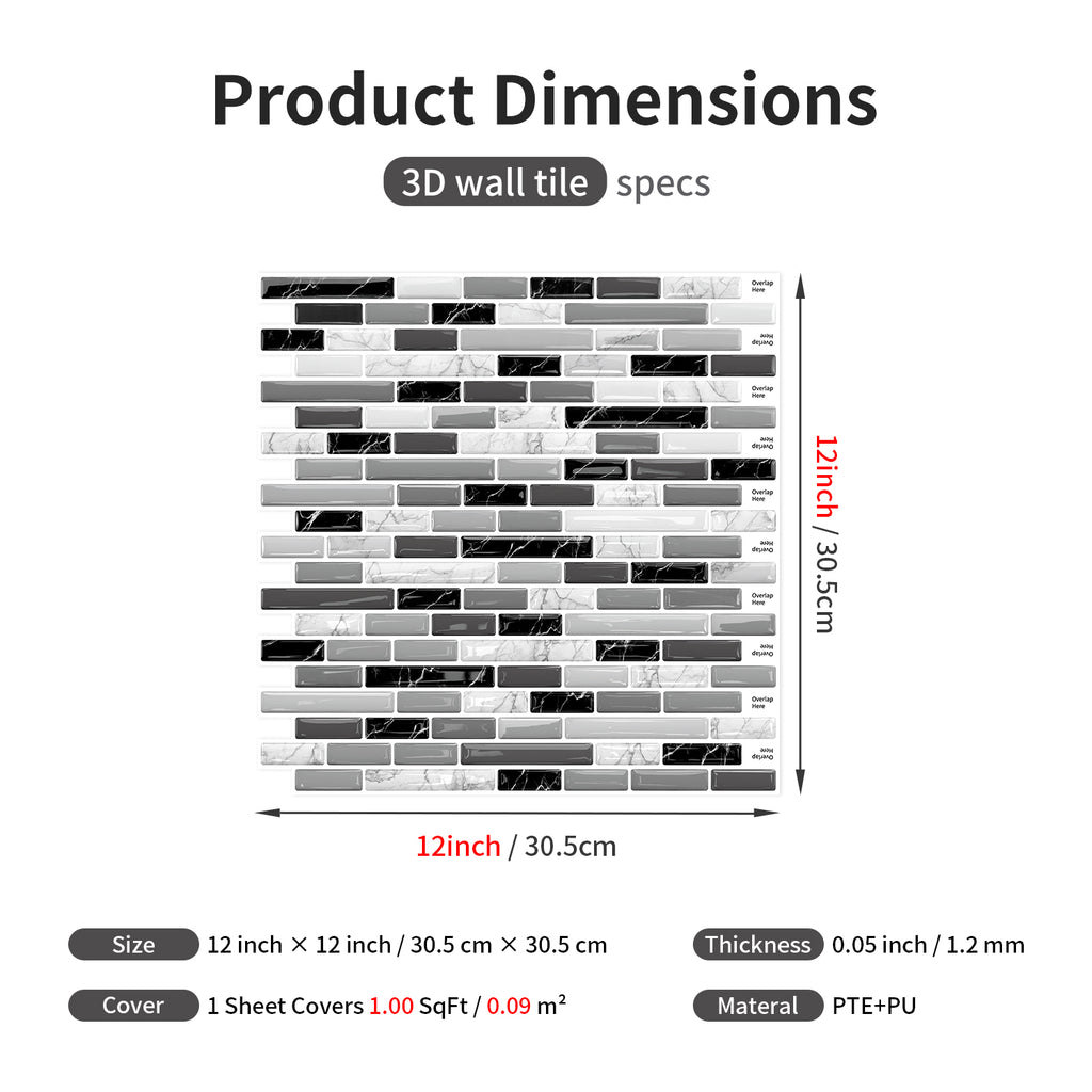 Linear Strip Mosaic Tiles - Black & White Mix - 3D Textured Gel Stickers for Bathroom