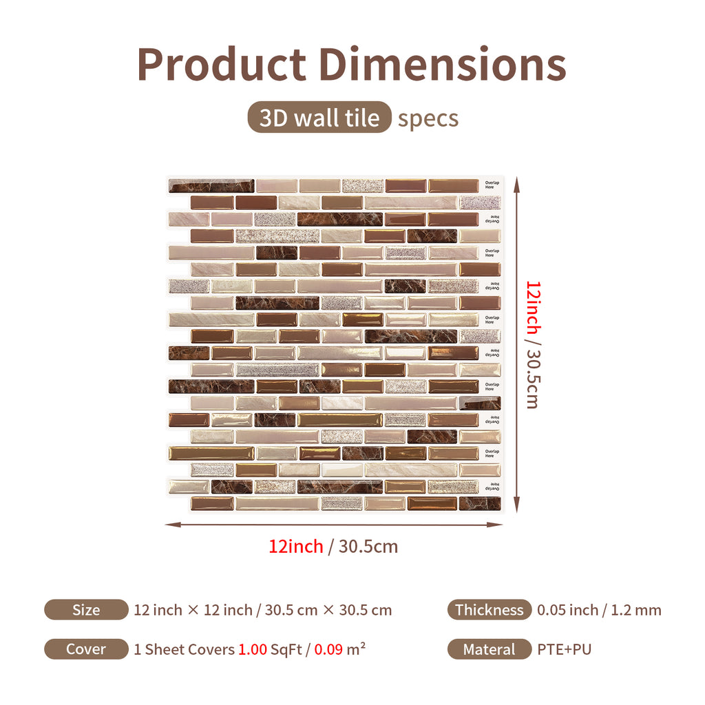 Linear Strip Mosaic Tiles - Brown Mix - 3D Textured Gel Stickers for Bathroom
