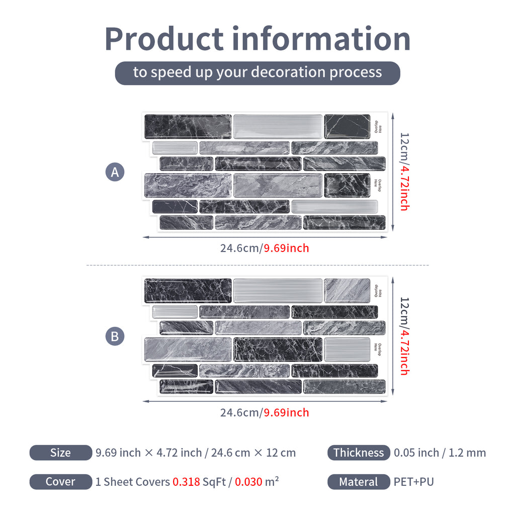 Charcoal Grey Marble 3D Gel Mosaic Tiles - Heat Resistant Stick on Splashback