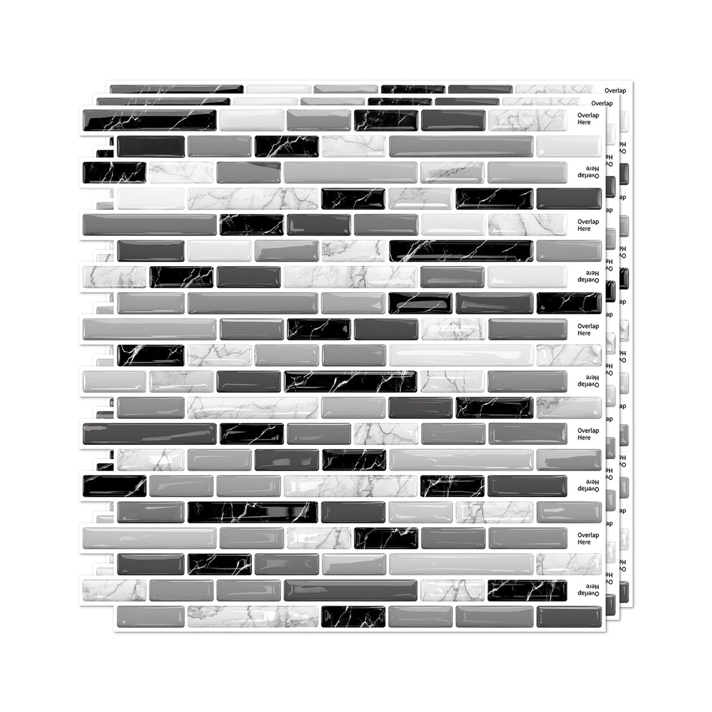 Linear Strip Mosaic Tiles - Black & White Mix - 3D Textured Gel Stickers for Bathroom
