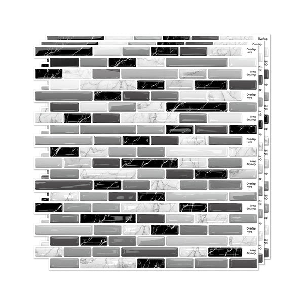 Linear Strip Mosaic Tiles - Black & White Mix - 3D Textured Gel Stickers for Bathroom