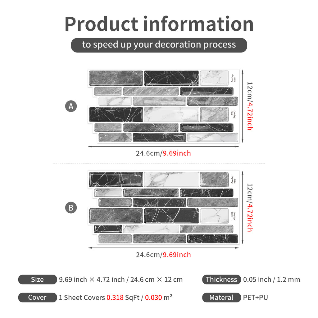 Monochrome Marble 3D Gel Mosaic Tiles - Heat Resistant Stick on Splashback