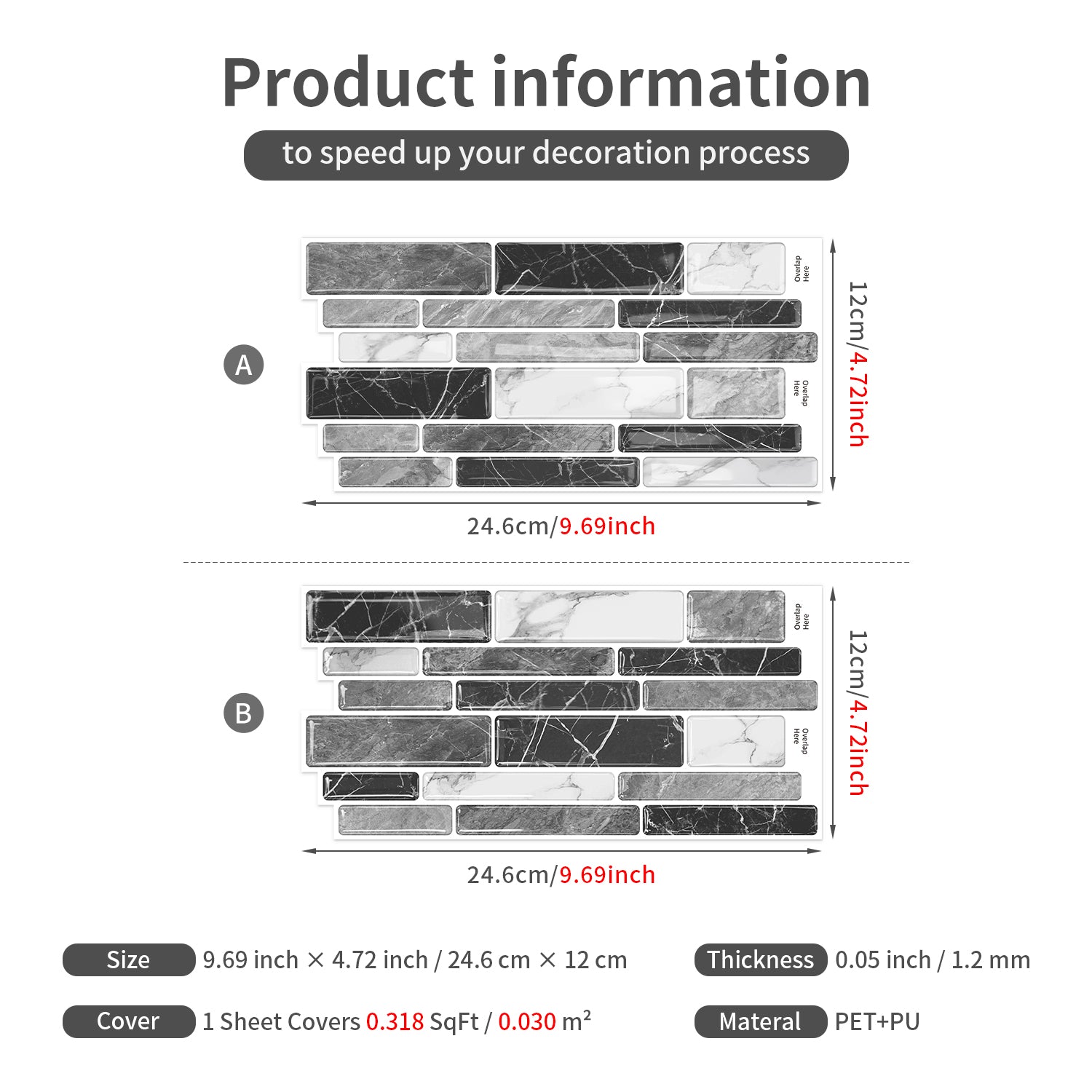 Monochrome Marble 3D Gel Mosaic Tiles - Heat Resistant Stick on Splashback
